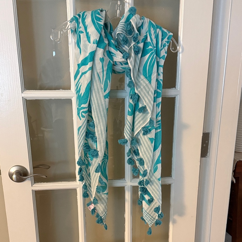 Calypso St. Barth Aqua and White Tassel Scarf